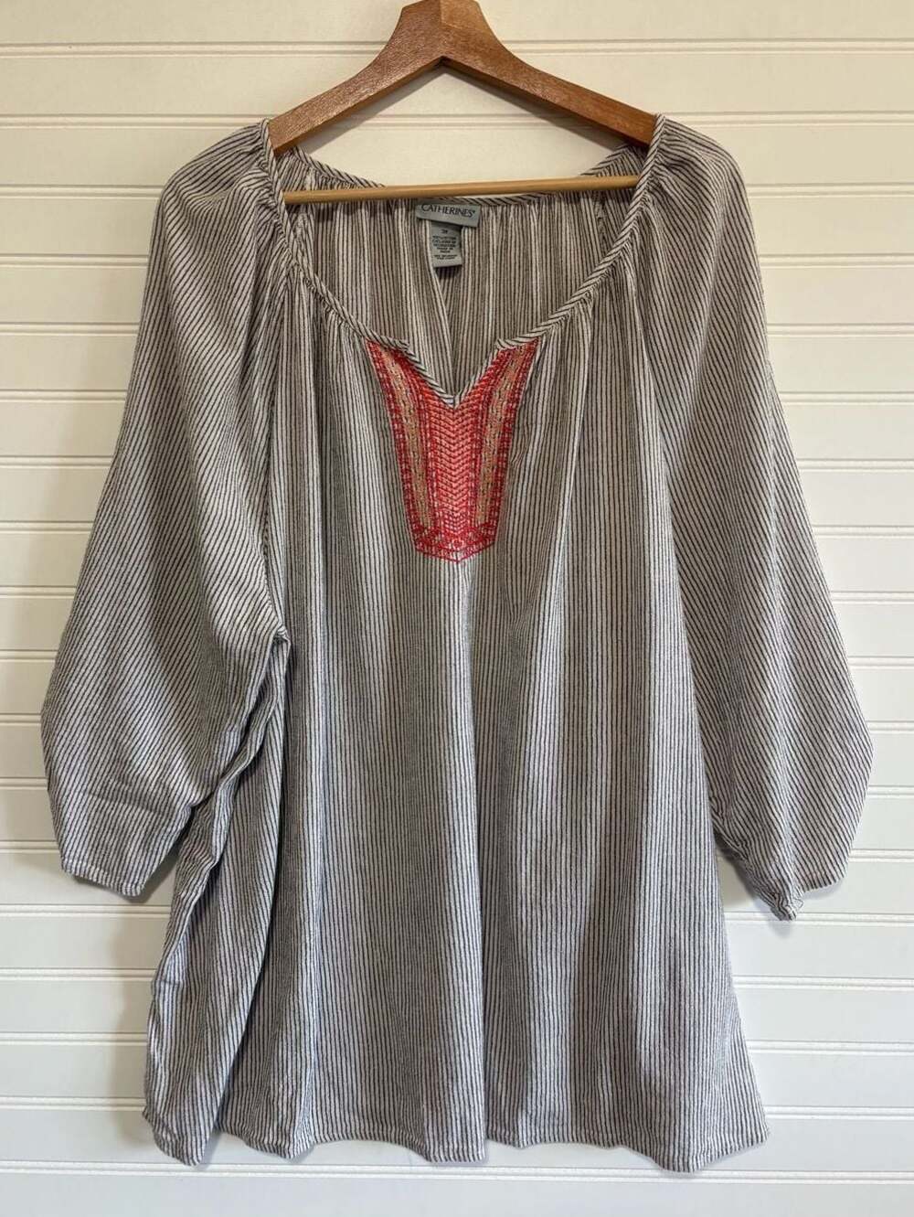Catherines Striped Embroidered V-Neck Blouse 3X